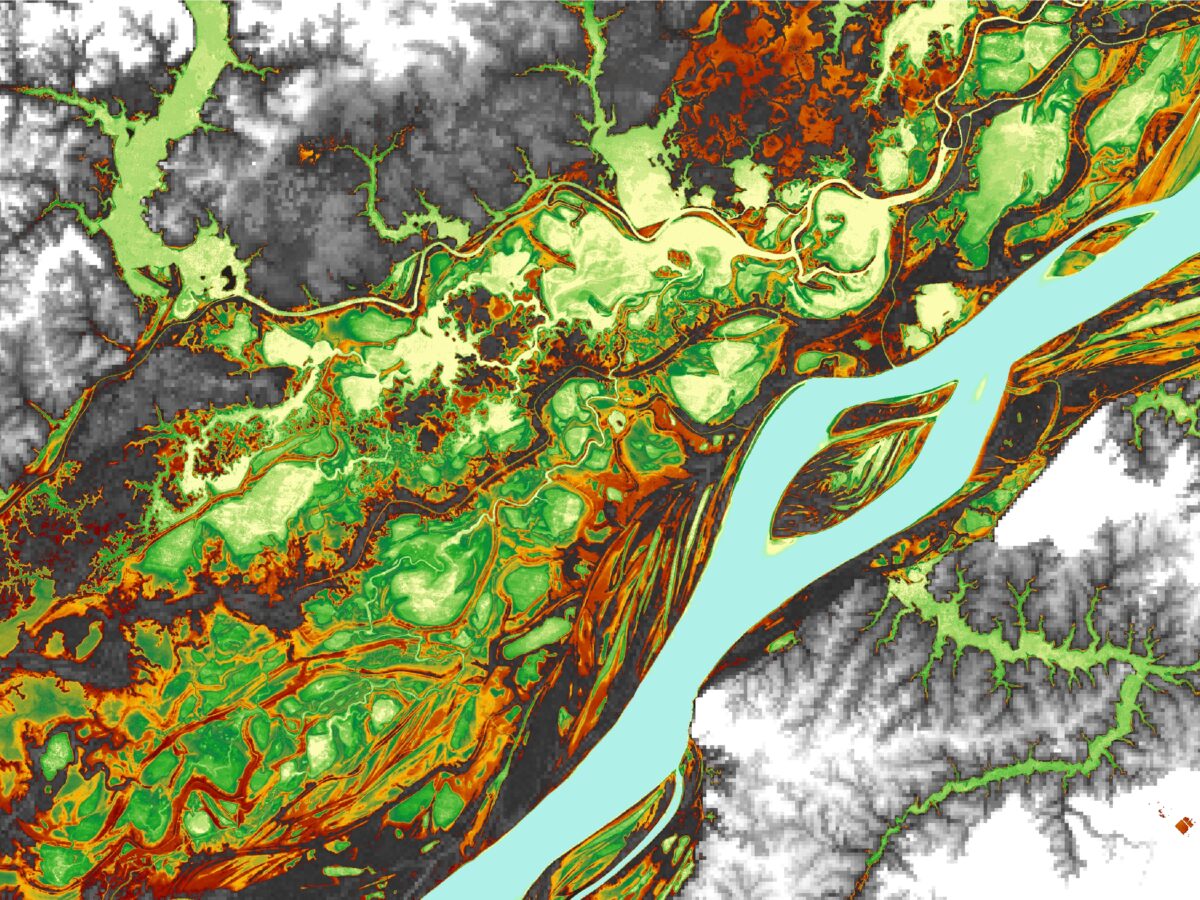 Satellite topography map of central Amazon floodplain.