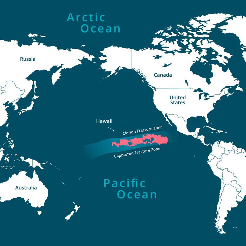 A world map showing the Clarion-Clipperton Zone