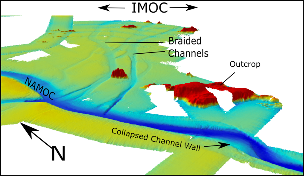 Perspective view of the bathymetry of intersecting submarine channel systems