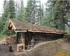 A log cabin in an evergreen forest