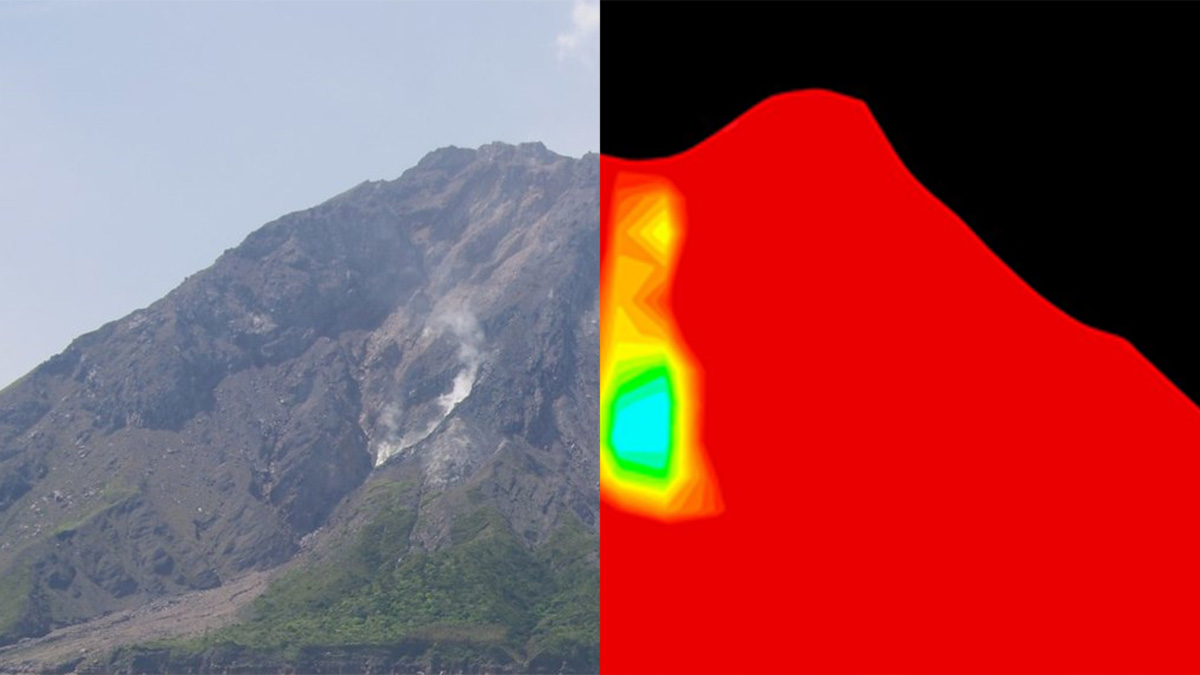 Photograph and muographic image of Satsuma-Iwo-jima volcanic island, Japan