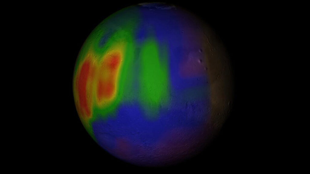 Visualization of a methane plume in Mars’ atmosphere during the northern summer season as retrieved from NASA's Infrared Telescope Facility at Mauna Kea, Hawaii.