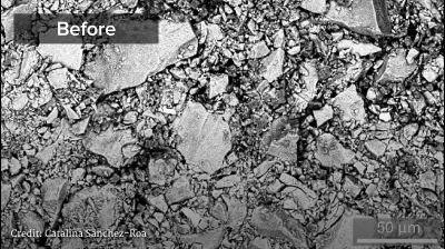 A gif with two scanning electron microscope images flashing back and forth captures the crystal structure of a dunite sample before and after a carbon mineralization experiment. Both images are in gray scale and have a label at upper left with the experiment state and a label at bottom right with a scale bar. The first image is labeled “Before” and is at a 50-micrometer (µm) scale. The olivine crystals are rough and jagged and tightly packed together, and range from bright white to dark gray in color. The second image is labeled “After” and is at a 10-micrometer scale. The magnesite crystals are blocky, rectangular, and loosely packed, and some much smaller, roundish silica fill the gaps between crystals. This image is almost monochrome, with all crystals a few shades of light gray. There is a label at the bottom left of both images that says “Credit: Catalina Sanchez-Roa.”