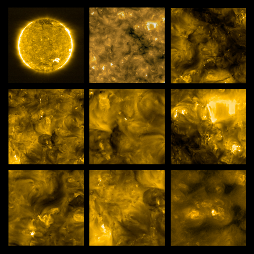 A series of images taken by the Extreme Ultraviolet Imager on Solar Orbiter showing the appearance of the solar corona at a wavelength of 17 nanometers.