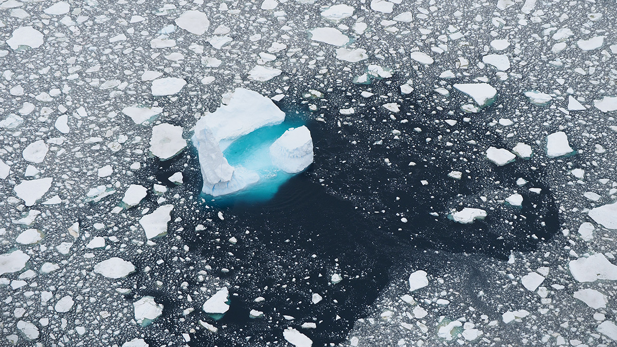 A large iceberg floats amid a field of sea ice.