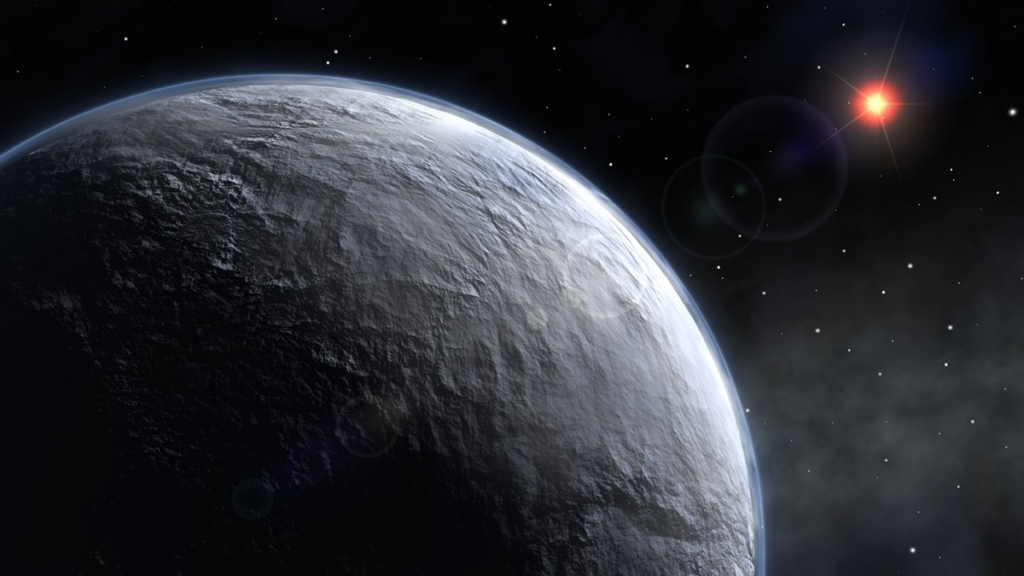 An exoplanet with an ice-rock surface and hazy atmosphere orbits a star.