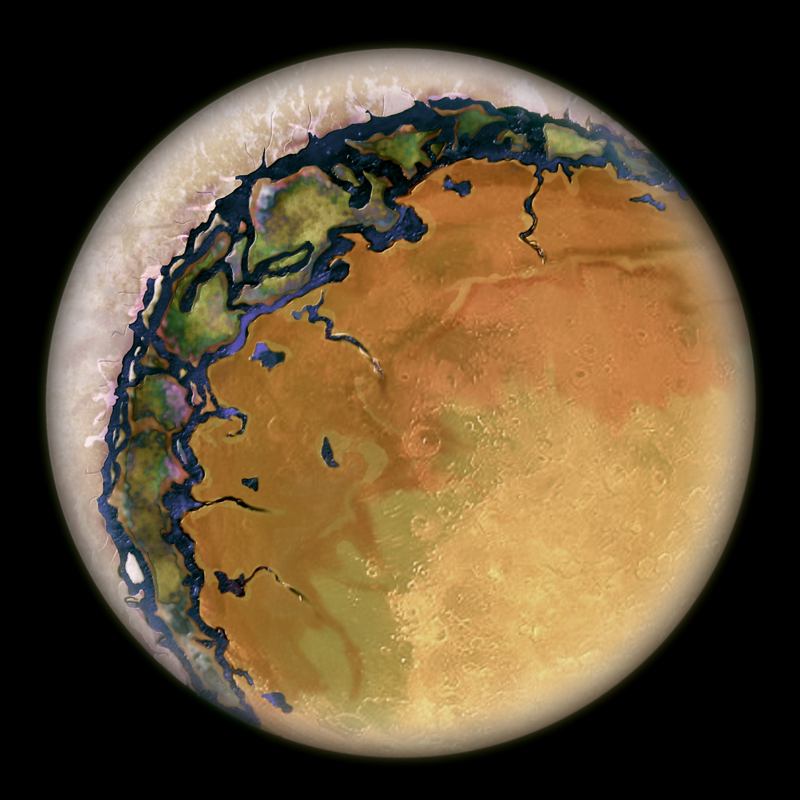 Illustration of an exoplanet with a brownish (arid) dayside, a white (ice-covered) dark side, and a blue and green strip in between depicting water and vegetation