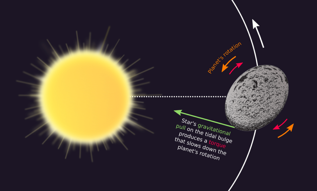 Illustration showing the process by which a planet (or moon) can become tidally locked to its host star (or planet)