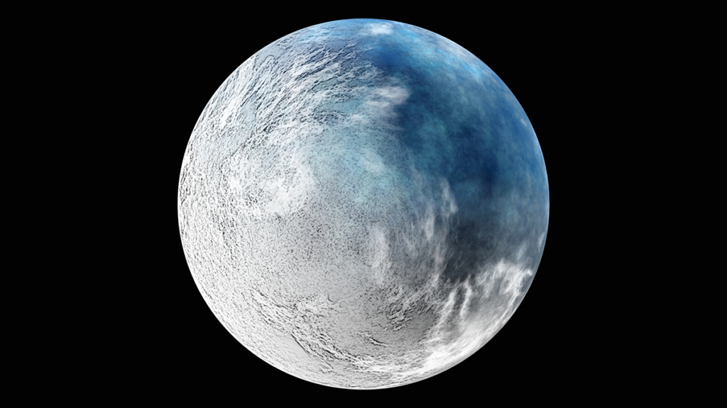 A partially frozen planet sits on a black background.