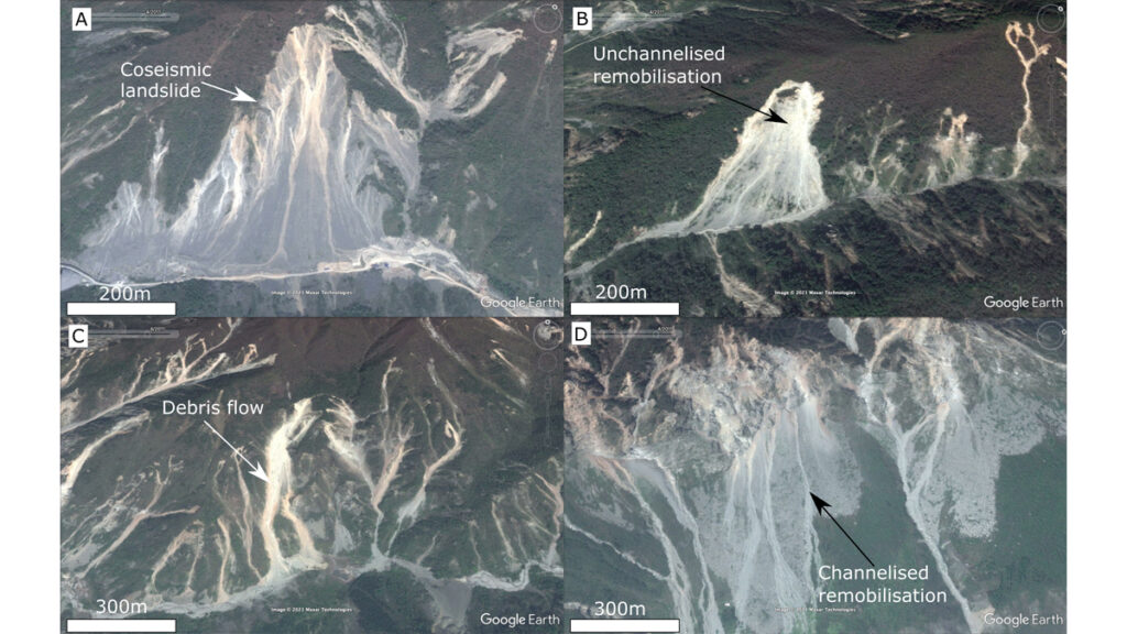 Images showing sediment remobilized after the 2008 Wenchuan earthquake, China.