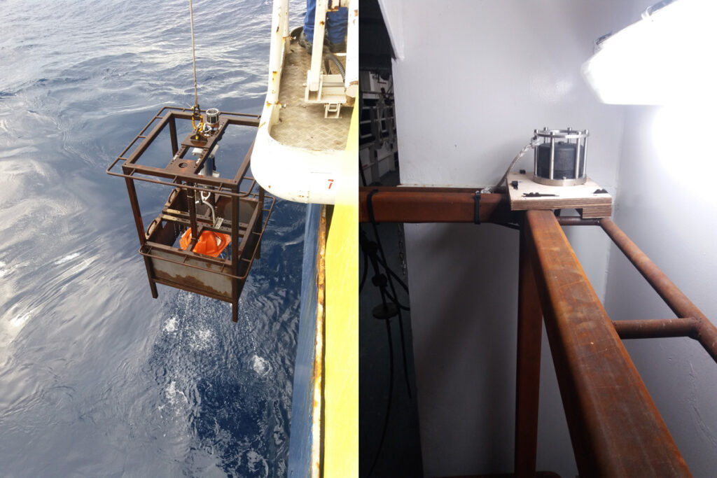 Pair of images showing an ocean bottom seismometer within a metal cage being deployed over the side of a ship (left) and of an acoustic transmitter affixed to the outside of the metal cage (right)
