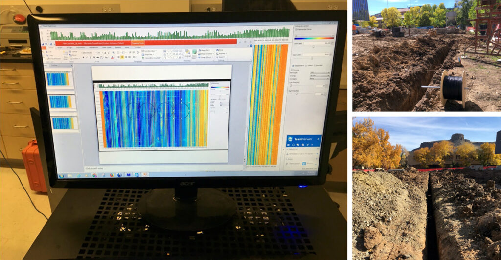 Collage of three photos. One shows a computer monitor displaying DAS data, and two show trenches dug at a construction site for a DAS fiber-optic cable