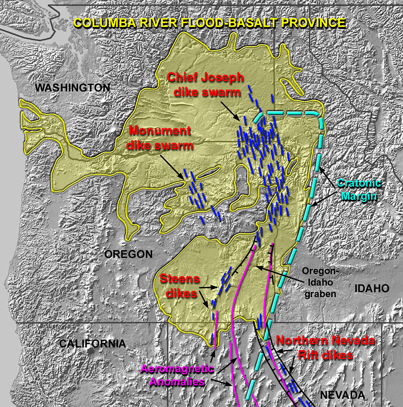 This map of the U.S. Pacific Northwest shows a swath of basalt formations, the Columbia River Basalt Group, that stretch across Washington, Oregon, Idaho, and northern Nevada. The extend of basalt is highlighted in light yellow on a gray background that has topographic features. Red labels and blue lines mark the Northern Nevada Rift dikes, the Steens dikes, the Monument dike swarm, and the Chief Joseph dike swarm. A cyan dashed line and label marks the cratonic margin that runs vertically near the Idaho-Washington-Oregon border. Magenta lines mark aeromagnetic anomalies that run across the Nevada-Oregon border.