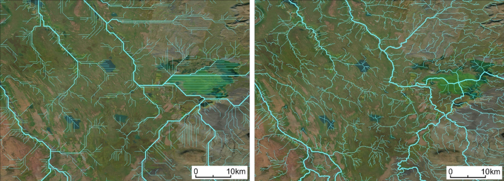 Maps illustrating river flow paths in Iceland derived from HydroSHEDS version 1 and HydroSHEDS-X