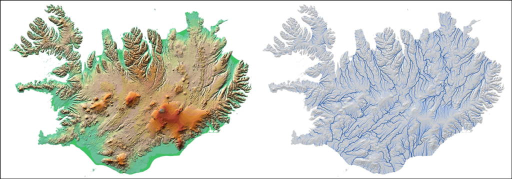 Diagrams showing a digital elevation model and a derived river network for Iceland, with only medium to large rivers shown