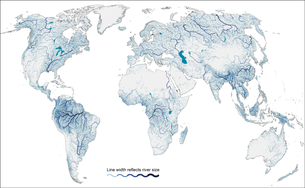 The global river network map derived from HydroSHEDS version 1, with only large rivers shown