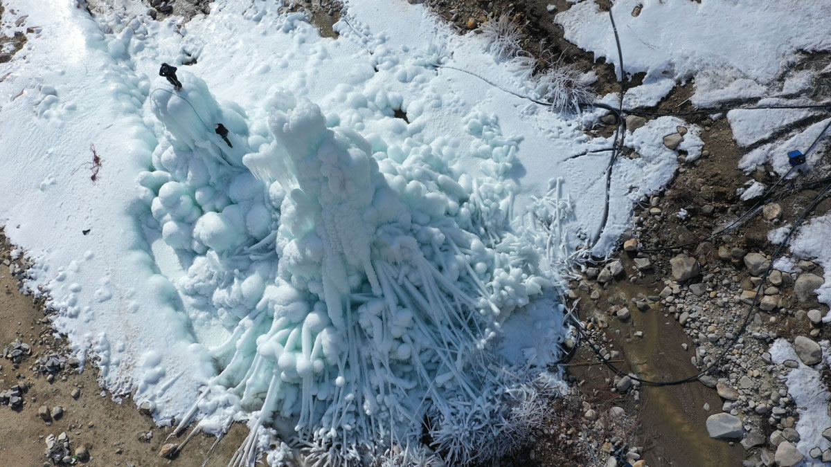Aerial view of an ice stupa in Ladakh, India.