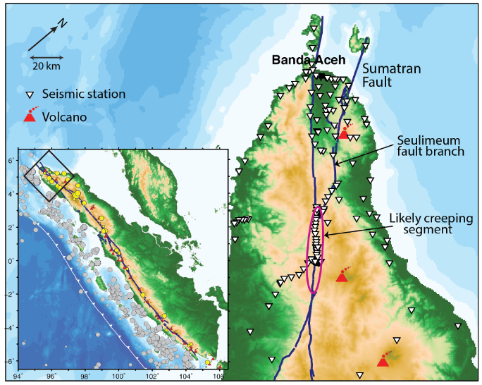 A map showing the study region, the trace of the Sumatran fault, and locations of seismometers.