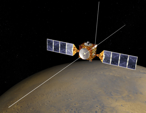 A boxy spacecraft in orbit above the red surface of Mars