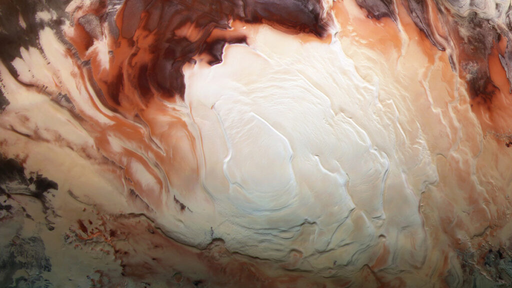 Detailed image shows sculpted layers of ice at Mars’s south pole.