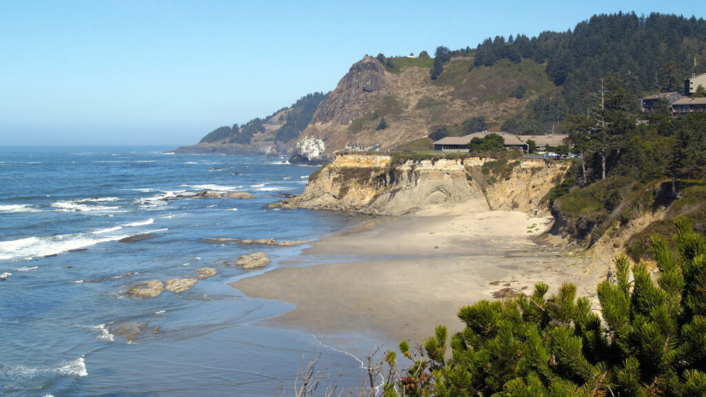 Tree-lined cliffs and hills rise from a coastal beach where ocean waves gently wash ashore.