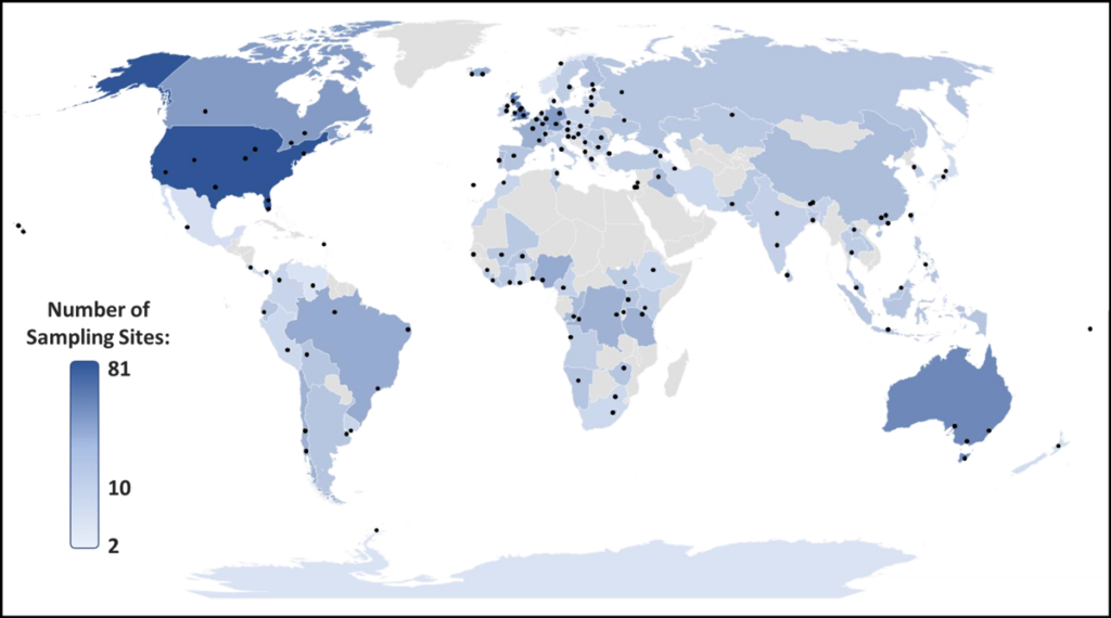 World map of sites sampled in the river pollution study