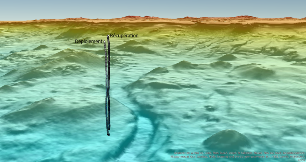 Perspective view showing bathymetry off Mayotte as well as the tracked positions of one OBS during deployment and recovery