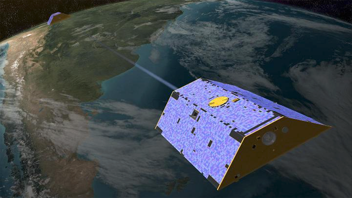 Artist’s concept of the twin satellites in the GRACE program