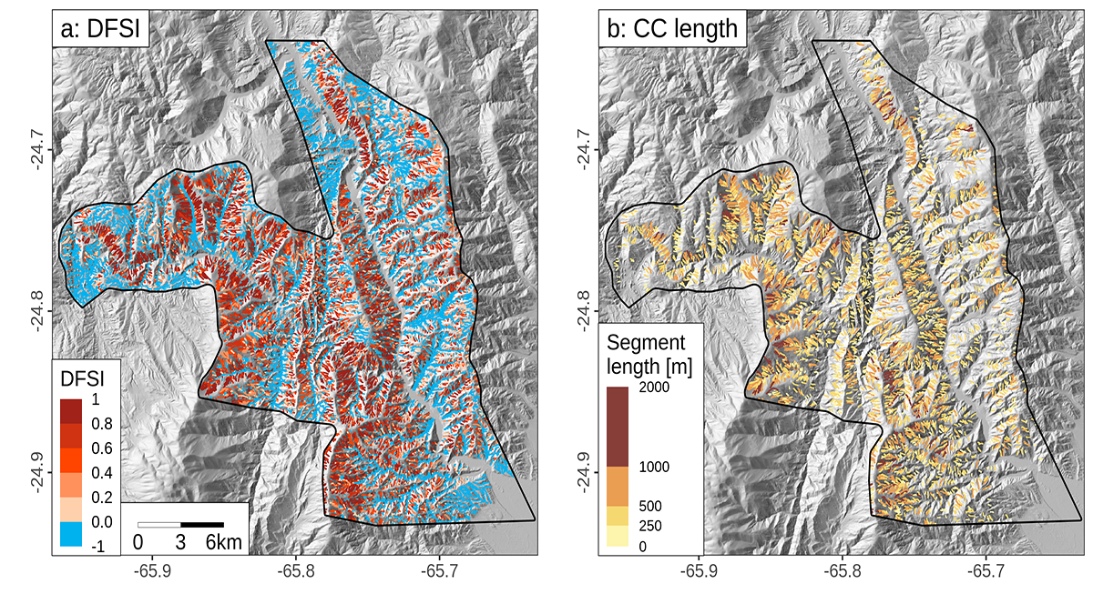 Maps of debris flow similarity index (DFSI) and the corresponding lengths of those debris flow channel segments.