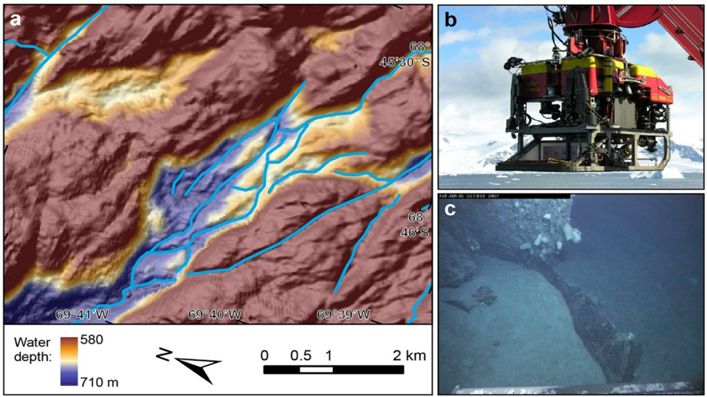 Three figures from the paper showing a map of bedrock channels on the seafloor, an image of a remotely-operated vehicle, and an image of potholes.
