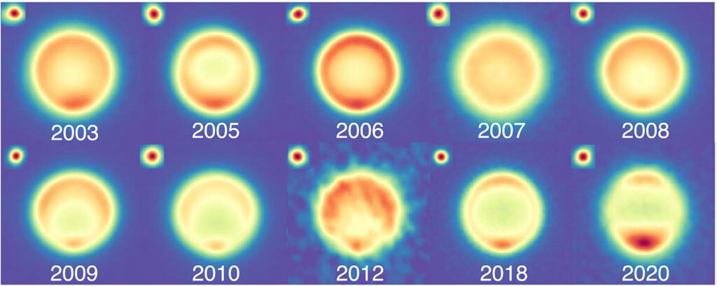 Twelve panels of infrared images in a grid 6 wide and 2 high show the full disk of Neptune for 12 years. Each panel has a large circle and a much smaller dot in the top left corner, both in a rainbow scale that represents infrared brightness. The planet and the calibration star sit on a blue background that represents the vast coldness of space. In 2003 (top left panel), Neptune is a warm orange evenly throughout and has a hotter spot at the south pole. The planet gets gradually warmer until 2006 (top middle panel) and then grows cooler to a yellow green in the southern hemisphere. In 2020 (bottom right panel) the south pole sees a sudden warm spike hotter than at any other point in the time series.