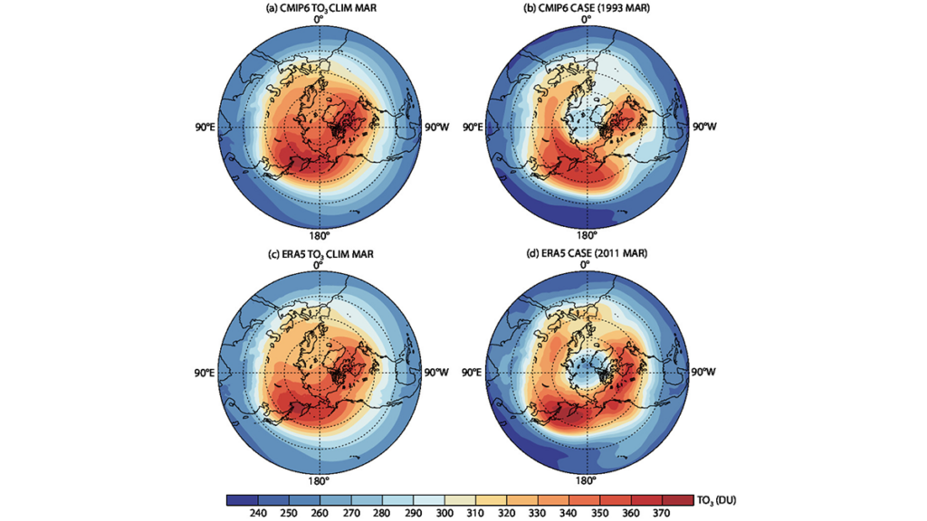 Figure showing distribution of the March total column ozone in the Northern Hemisphere extratropics for (a, c) long-term mean (climatology) and (b, d) Arctic ozone loss events.