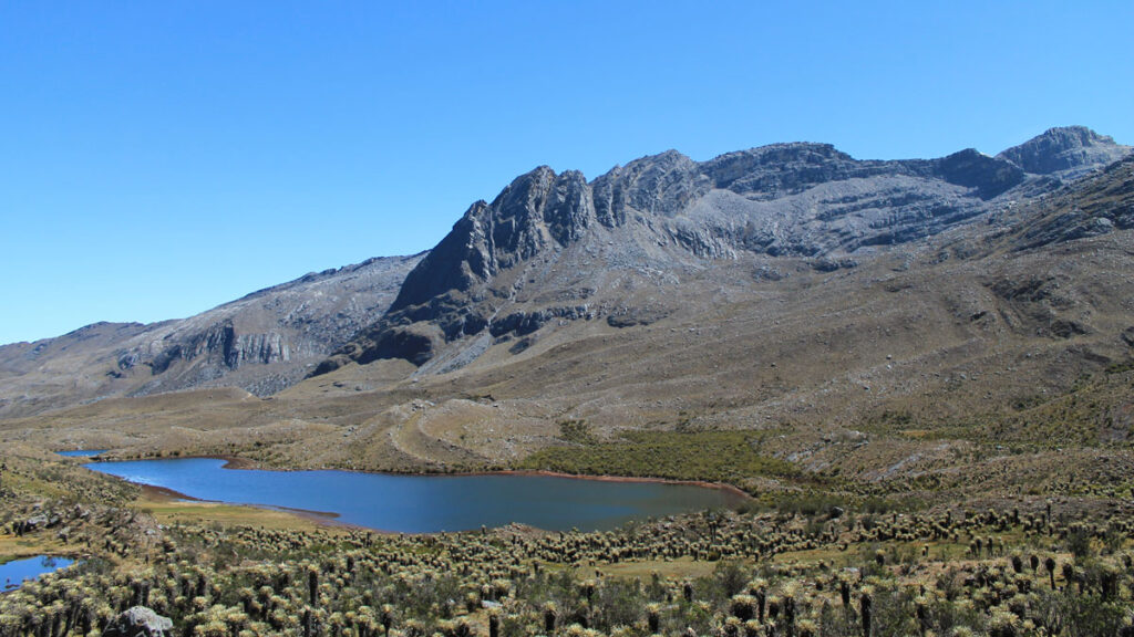 Rocky high mountain landscape under a clear blue sky, with vegetation and a small lake in the foreground.