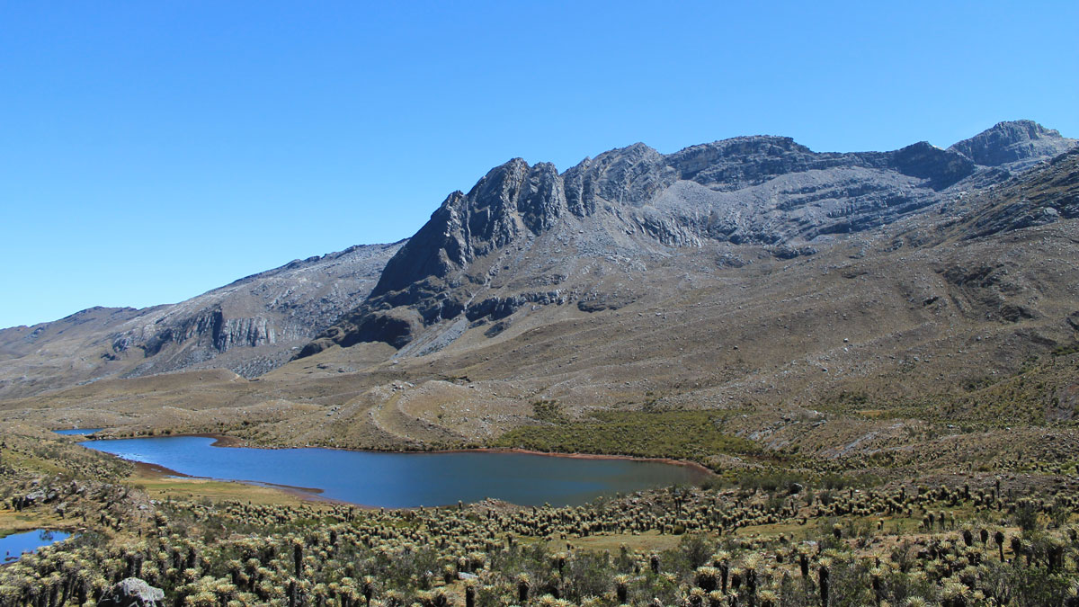 Rocky high mountain landscape under a clear blue sky, with vegetation and a small lake in the foreground.