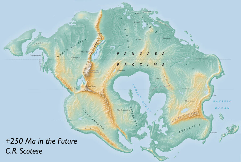 A world map 250 million years in the future showing the next supercontinent