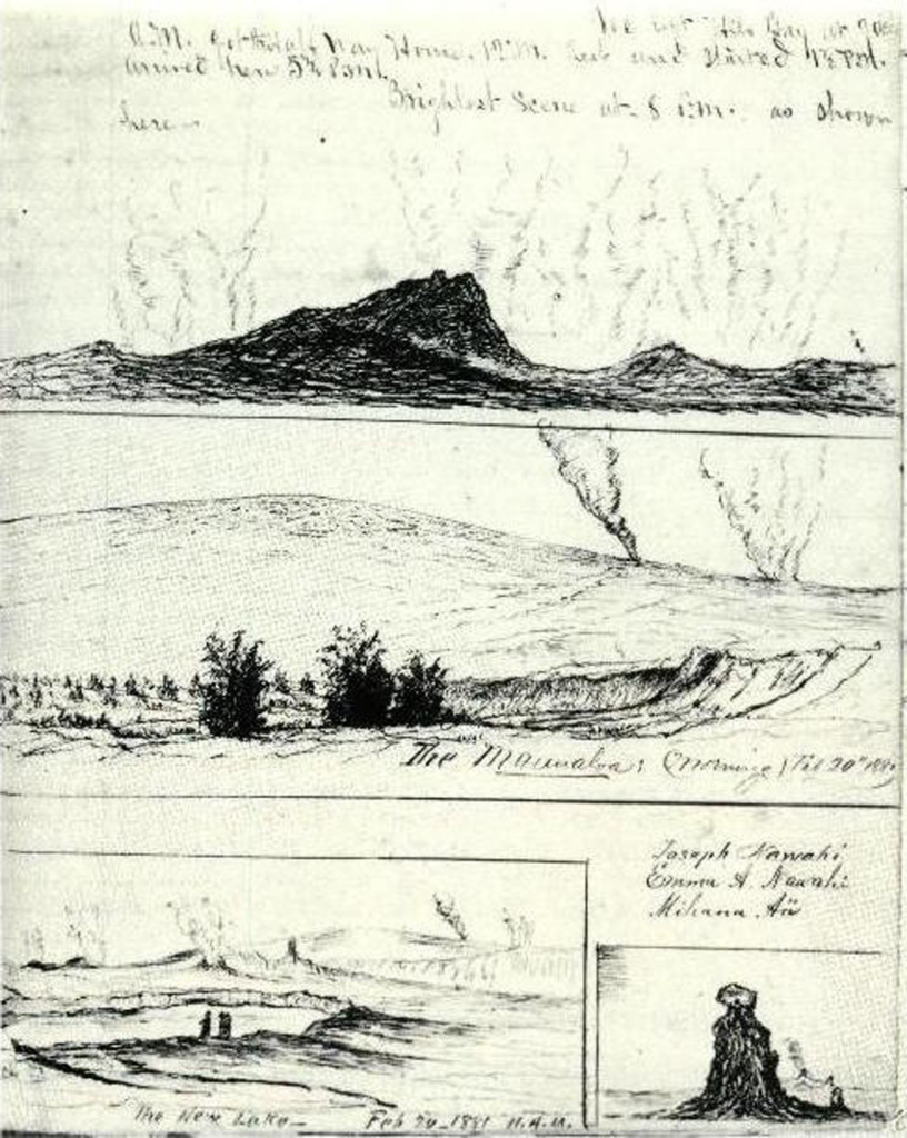 Black-and-white ink drawing of an 1881 eruption of Kīlauea, Hawaii.