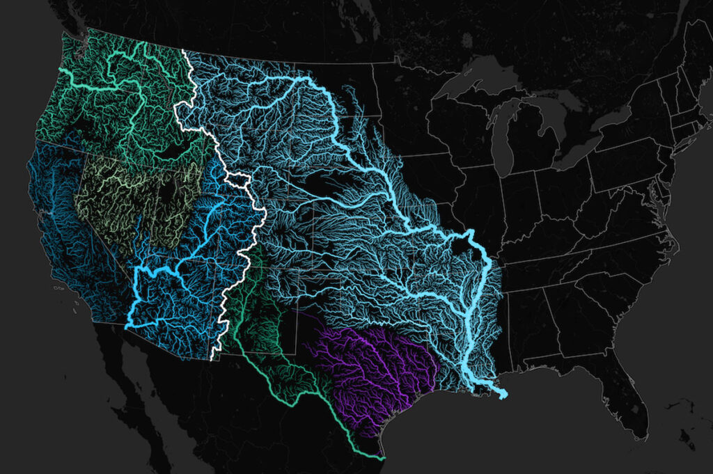 A map of the United States showing the Mississippi-Missouri basin in blue in the east and the green Columbia and blue Colorado basins in the west