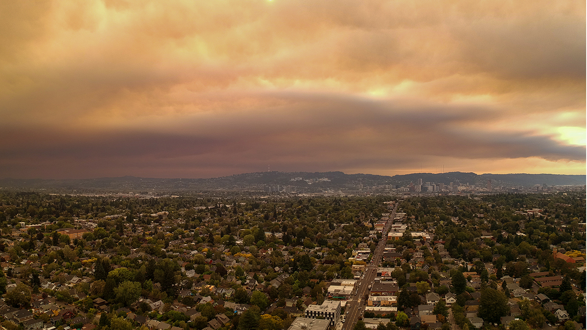 A red and orange sky over Portland, Ore.