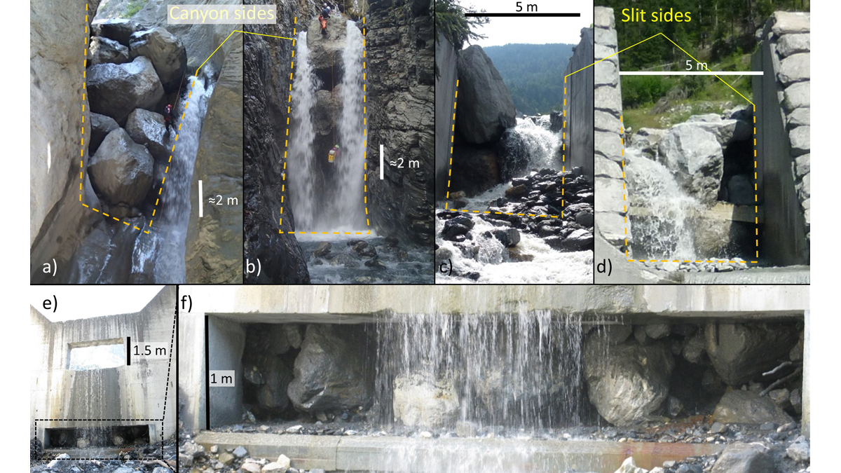 Photographs of natural jamming of boulders in canyon constrictions and slit dams.