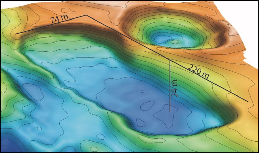 Bathymetric map depicting a depression 74 meters wide, 220 meters long, and 24 meters deep