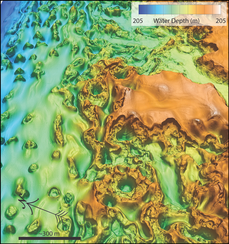 Bathymetric map illustrating rough seafloor terrain