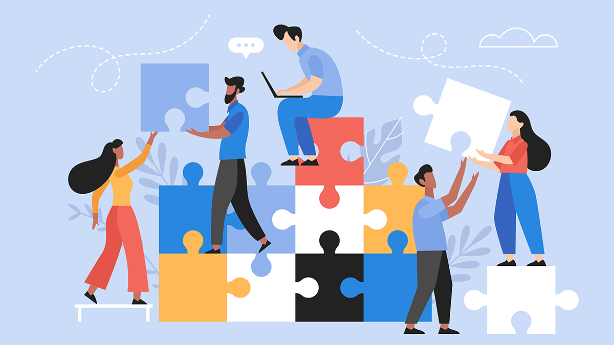 Cartoon illustration of several people helping put together a puzzle