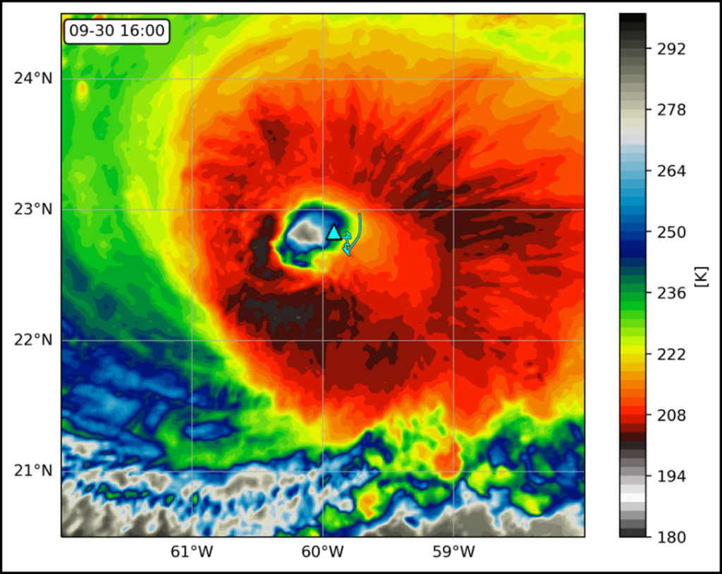 Satellite image showing cloud-top temperatures of Hurricane Sam in September 2021 as well as the track of saildrone near the hurricane’s eye.