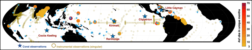 Map showing locations of instrumental and select coral-derived observations of seawater oxygen isotopes from CoralHydro2k and NASA databases
