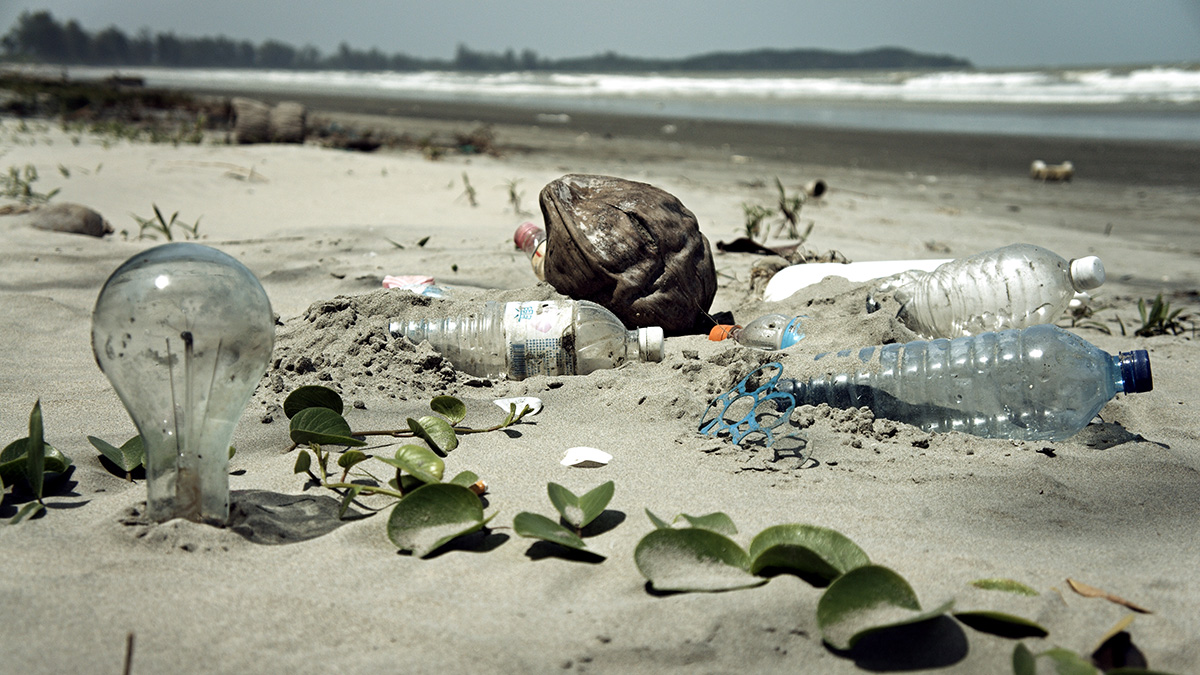 Plastic water bottles and trash on a beach