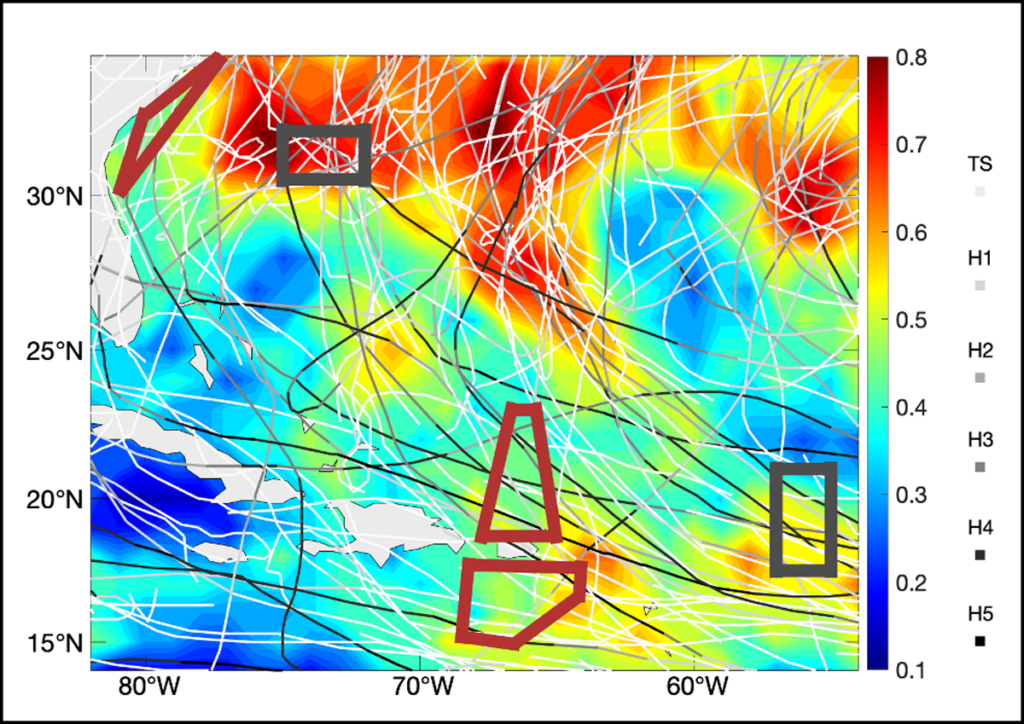 Map of the northern Caribbean and western Atlantic showing the premission deployment plan for a saildrone mission in 2021 and the probability of tropical storm force winds occurring during August–October based on average conditions