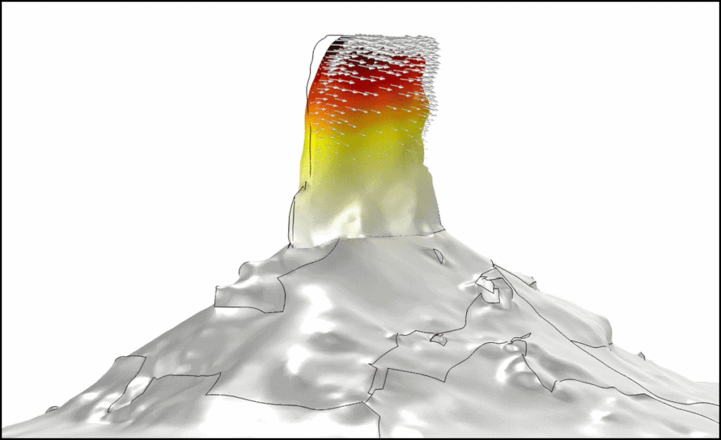 An exaggerated animated model of the vibrations of Eagle Plume Tower.