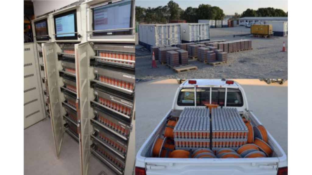 Three photographs showing nodes being staged, transported by truck, and charged/harvested in racks.