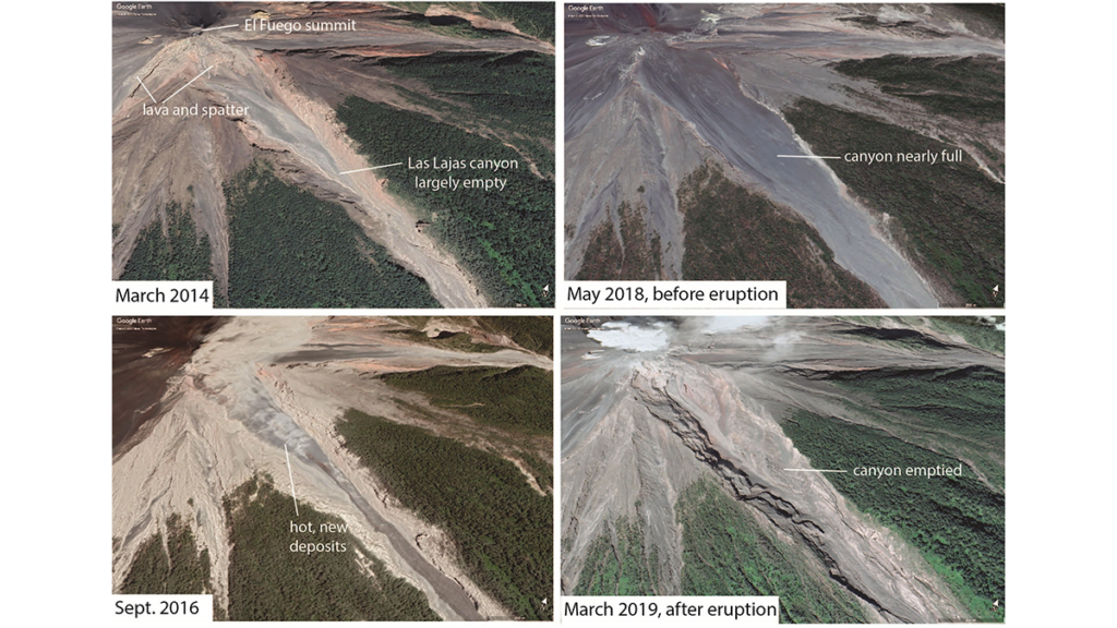 Four satellite images showing pyroclastic material infill between 2014 and 2019.
