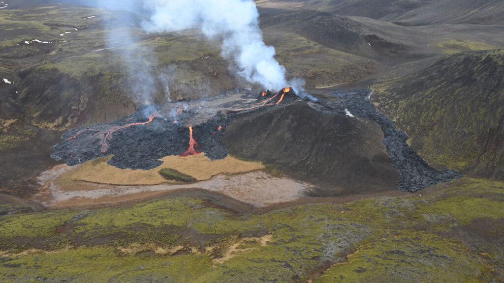 The Fagradalsfjall volcano erupts in Iceland on 20 March 2021.